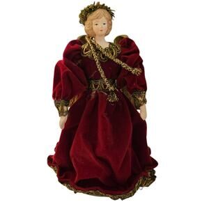 Vintage Christmas Tree Topper Angel Red and Gold Accents Porcelain 8"